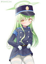 Rule 34 | 1girl, black hat, black jacket, black skirt, blue archive, blush, clothes lift, gloves, green halo, grey hair, halo, hat, highres, hikari (blue archive), jacket, lifted by self, long hair, looking at viewer, pantyhose, pointy ears, sidelocks, skirt, skirt lift, solo, tuna-nuki tanasando, white background, white gloves, white pantyhose, yellow eyes