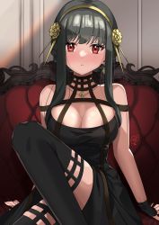 Rule 34 | 1girl, artificial flower, bare shoulders, black dress, black gloves, black hair, blush, breasts, cleavage, couch, dress, fingerless gloves, flower, fujishiro kokoa, gloves, hair flower, hair ornament, hairband, highres, indoors, knee up, large breasts, looking at viewer, on couch, parted lips, red eyes, short hair with long locks, sidelocks, signature, sitting, sleeveless, sleeveless dress, solo, spy x family, thighhighs, yellow hairband, yor briar