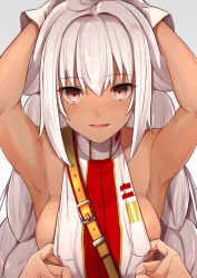 Rule 34 | 1girl, armpits, arms behind head, assisted exposure, bare shoulders, blush, braid, breasts, dark skin, fate/grand order, fate (series), gloves, grey hair, hair between eyes, lakshmibai (fate), light blush, light smile, long hair, looking at viewer, pink eyes, pov, pov hands, sideboob, sleeveless, small breasts, solo focus, twin braids, upper body, very long hair, white gloves, yuuzuki (re&#039;ef)