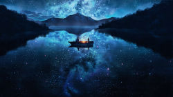Rule 34 | 1boy, 1girl, blue theme, boat, dark, from behind, lake, lantern, looking at another, mountain, natsu (hottopeppa3390), nature, night, night sky, original, outdoors, reflection, scenery, sitting, sky, star (sky), starry sky, wallpaper, watercraft