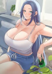 Rule 34 | 1girl, absurdres, armpits, bare shoulders, beer can, blood hood, blue eyes, blue hair, blue shorts, blurry, blurry foreground, breasts, can, cleavage, curtains, curvy, drink can, gym shorts, highres, holding, holding can, huge breasts, jewelry, long hair, looking to the side, midriff, original, parted bangs, plant, ring, short shorts, shorts, sidelocks, sitting, solo, spaghetti strap, strap gap, tank top, thighs, very long hair, white tank top, window