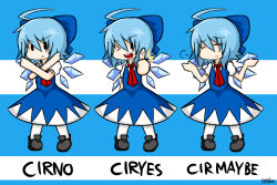 Rule 34 | 1girl, :&lt;, ahoge, blue eyes, blue hair, bow, cirno, crossed arms, dress, english text, closed eyes, frown, hair bow, matching hair/eyes, one eye closed, pun, raythalosm, ribbon, short hair, shrugging, solo, thumbs up, touhou, wings, wink