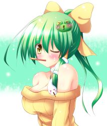 Rule 34 | 1girl, alternate costume, alternate hairstyle, bare shoulders, blush, breasts, cleavage, frog hair ornament, green hair, hair ornament, kochiya sanae, large breasts, long hair, looking at viewer, mouth hold, one eye closed, osashin (osada), pocky, pocky day, ponytail, snake hair ornament, solo, sweater, touhou, wink, yellow eyes