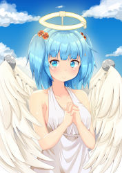 Rule 34 | 1girl, alternate costume, angel wings, bare arms, blue eyes, blue hair, blue sky, blush, breasts, cloud, collarbone, commentary request, day, dress, fake halo, fake wings, feathered wings, hair bobbles, hair ornament, halo, kawashiro nitori, looking at viewer, mechanical wings, medium breasts, outdoors, own hands clasped, own hands together, rururiaru, short hair, sideboob, sky, sleeveless, sleeveless dress, smile, solo, standing, sundress, touhou, twintails, white dress, wings