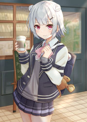 Rule 34 | 1girl, ascot, backpack, bag, blazer, blue jacket, blue skirt, blunt bangs, bow, bowtie, coffee cup, cup, disposable cup, divergenceok, double bun, grey hair, grey shirt, hair bun, hair ornament, hairclip, hand up, holding, holding cup, jacket, koharu rikka, lakiston, looking at viewer, miniskirt, pink bow, pink bowtie, pleated skirt, purple eyes, ribbed sleeves, school uniform, shirt, short hair, skirt, smile, solo, standing, stuffed animal, stuffed toy, teddy bear, tile floor, tiles, voiceroid