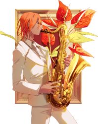 Rule 34 | 1boy, ashwatthama (fate), commentary request, dark-skinned male, dark skin, fate/grand order, fate (series), flower, highres, holding, instrument, long hair, long sleeves, male focus, muscular, muscular male, pants, red hair, sakuramochi1003, saxophone, solo, white pants, yellow eyes