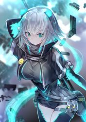 Rule 34 | 1girl, aqua eyes, arm behind back, arm up, bad id, bad twitter id, breasts, commentary request, debris, glowing, grey hair, hair between eyes, holding, holding weapon, icey, icey (game), looking at viewer, medium breasts, miyuki ruria, robot ears, short hair, solo, standing, twitter username, weapon