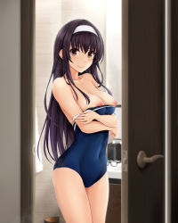 Rule 34 | 1girl, bare shoulders, blue one-piece swimsuit, blush, breasts, breasts out, closed mouth, collarbone, commentary request, covered erect nipples, cowboy shot, eyelashes, glasses, hair between eyes, hairband, highres, indoors, kasumigaoka utaha, large breasts, long hair, looking at viewer, nipples, nonaka ritsu, one-piece swimsuit, purple hair, red eyes, saenai heroine no sodatekata, school swimsuit, sidelocks, skindentation, smile, solo, standing, swimsuit, very long hair, white hairband