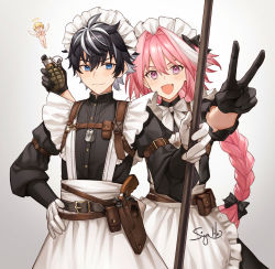 Rule 34 | 2boys, absurdres, alternate costume, astolfo (fate), black gloves, black hair, blue eyes, bow, braid, charlemagne (fate), dog tags, enmaided, explosive, fang, fate/grand order, fate (series), gloves, grenade, hair between eyes, hair bow, hair intakes, happy, highres, holster, holstered, long hair, looking at viewer, maid, maid headdress, male focus, multiple boys, open mouth, pink hair, puffy short sleeves, puffy sleeves, purple eyes, short sleeves, signature, simple background, siya ho, smile, solo, trap, v, white background, white gloves