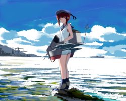 Rule 34 | 10s, 1girl, blue eyes, blue socks, brown hair, cannon, cloud, contrail, crane (machine), day, fujibejifu, full body, hat, kantai collection, kneehighs, legs together, looking at viewer, machinery, mountain, ocean, outdoors, sailor collar, sailor hat, ship, short hair, sky, sleeveless, socks, solo, standing, wading, watercraft, waves, z3 max schultz (kancolle)