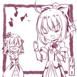Rule 34 | 2girls, ahoge, anger vein, artoria pendragon (fate), bare shoulders, bow, capcom, chibi, cleavage cutout, clothing cutout, corset, detached sleeves, dress, closed eyes, fate/stay night, fate/unlimited codes, fate (series), hair bow, microphone, monochrome, multiple girls, music, musical note, nashoki, saber (fate), saber alter, saber lily, singing