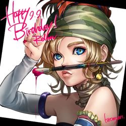 Rule 34 | 1girl, art brush, bare shoulders, blonde hair, blue eyes, closed mouth, detached sleeves, earrings, final fantasy, final fantasy vi, happy birthday, hat, hiromyan, jewelry, looking at viewer, nail polish, paintbrush, relm arrowny, short hair, signature, simple background, solo, strapless, v