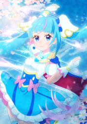 Rule 34 | 1girl, arm up, asukamama89, blue cape, blue eyes, blue hair, blue sky, bow, brooch, cape, closed mouth, clothes lift, commentary, cowboy shot, cure sky, day, detached sleeves, dress, dress bow, dress lift, earclip, earrings, english commentary, fingerless gloves, flower, frilled dress, frills, gloves, gradient hair, highres, hirogaru sky! precure, jewelry, long hair, looking at viewer, magical girl, multicolored hair, outdoors, petals, pink hair, precure, puffy detached sleeves, puffy sleeves, red cape, short dress, single earring, single sidelock, sky, sleeveless, sleeveless dress, smile, solo, sora harewataru, sparkle, standing, streaked hair, thighhighs, twintails, two-sided cape, two-sided fabric, two-tone dress, two-tone hair, very long hair, white dress, white gloves, wind, wind lift, wing brooch, wing hair ornament