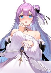 Rule 34 | 1girl, absurdres, ahoge, azur lane, bare shoulders, blue eyes, blush, commentary request, dress, hair between eyes, hair bun, hair ribbon, hand to own mouth, highres, jewelry, long hair, long sleeves, looking at viewer, open mouth, ornate ring, purple hair, ribbon, ring, side bun, simple background, single hair bun, single side bun, solo, strapless, strapless dress, unicorn (a dream of pure vows) (azur lane), unicorn (azur lane), very long hair, wedding dress, wedding ring, white background, white dress, yamanokami eaka