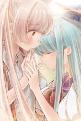 Rule 34 | 2girls, aqua hair, blue headwear, blunt bangs, blush, bow, closed eyes, closed mouth, collared shirt, commentary, from side, fujiwara no mokou, hair bow, hat, heads together, highres, holding hands, kamishirasawa keine, long hair, looking at another, multiple girls, neckerchief, profile, puffy short sleeves, puffy sleeves, red eyes, red neckerchief, rrrko2525, shirt, short sleeves, sidelocks, signature, smile, surprised, touhou, very long hair, white bow, white hair, white shirt