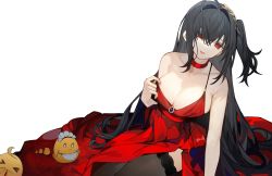 Rule 34 | 1girl, arm support, asymmetrical hair, azur lane, black hair, blush, breasts, choker, cleavage, closed mouth, cocktail dress, cowboy shot, crossed bangs, dress, furrowed brow, hair between eyes, hair ornament, halter dress, halterneck, hand on floor, large breasts, long hair, looking at viewer, manjuu (azur lane), official alternate costume, pulling own clothes, red choker, red dress, red eyes, side ponytail, simple background, sitting, sleeveless, sleeveless dress, smile, solo, spaghetti strap, straight hair, taihou (azur lane), taihou (forbidden feast) (azur lane), tapioga2, thighhighs, white background, zettai ryouiki