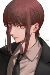 Rule 34 | 1girl, artist name, black jacket, black necktie, braid, chainsaw man, closed mouth, collared jacket, collared shirt, commentary request, dated, formal, fucodoku, hair between eyes, jacket, lips, long hair, long sleeves, looking at viewer, makima (chainsaw man), necktie, open clothes, open jacket, orange eyes, red hair, ringed eyes, shirt, sidelocks, simple background, smile, solo, standing, suit, upper body, white background, white shirt