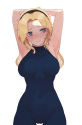 Rule 34 | 1girl, absurdres, armpits, arms up, black hairband, black one-piece swimsuit, blonde hair, breasts, cameltoe, cleft of venus, commentary request, covered collarbone, covered navel, cowboy shot, hairband, highres, large breasts, league of legends, long hair, lux (league of legends), one-piece swimsuit, sideways glance, simple background, solo, suk180, sweat, swimsuit, tearing up, thigh gap, white background