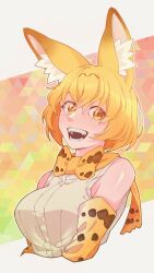 Rule 34 | 1girl, animal ears, bare shoulders, blonde hair, bow, bowtie, cat ears, cat girl, elbow gloves, gloves, hauru 252, highres, kemono friends, looking at viewer, open mouth, scarf, serval (kemono friends), shirt, short hair, simple background, sleeveless, sleeveless shirt, solo, teeth, upper body, white shirt, yellow bow, yellow bowtie, yellow eyes, yellow gloves