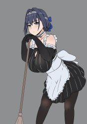 Rule 34 | 1girl, alternate costume, apron, black dress, black pantyhose, blue bow, blue eyes, blue hair, blush, bow, breasts, broom, cleavage, cleavage cutout, clothing cutout, dress, enmaided, frilled hairband, frills, grey background, hair bow, hair intakes, hairband, highres, hololive, hololive english, huge breasts, leaning forward, looking at viewer, maid, nao (ritsancrossover), ouro kronii, own hands together, pantyhose, short dress, short hair, simple background, solo, striped clothes, striped dress, vertical-striped clothes, vertical-striped dress, virtual youtuber, waist apron
