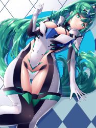 Rule 34 | 1girl, alternate costume, armor, blush, breasts, cleavage, covered navel, elbow gloves, eol 9, female focus, from below, gloves, green eyes, green hair, hair ornament, headpiece, highres, large breasts, long hair, lying, matching hair/eyes, nervous, nintendo, panties, pantyhose, pneuma (xenoblade), shoulder armor, shy, solo, spoilers, thighhighs, thighs, underwear, very long hair, xenoblade chronicles (series), xenoblade chronicles 2
