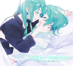 Rule 34 | 2girls, aqua hair, bed sheet, blue shirt, character name, closed eyes, commentary request, green eyes, hand on another&#039;s back, hand on another&#039;s face, happy birthday, hikawa hina, hikawa sayo, imminent kiss, incest, long hair, looking at another, medium hair, milk puppy, multiple girls, open mouth, pillow, shirt, siblings, smile, twincest, twins, white shirt, yuri