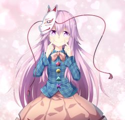 Rule 34 | 1girl, bubble skirt, commentary request, fingersmile, fox mask, hata no kokoro, heart, long hair, long sleeves, looking at viewer, mask, nogisaka kushio, pink eyes, pink hair, shirt, skirt, solo, sparkle, touhou, very long hair