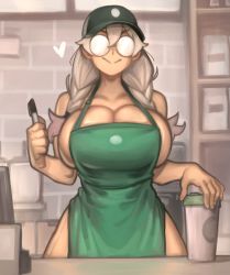 Rule 34 | 1girl, :&gt;, apron, barista, baseball cap, bespectacled, bottomless, braid, breasts, bursting breasts, cafe, cleavage, cup, disposable coffee cup, disposable cup, facing viewer, glasses, green apron, grey hair, hair between eyes, hair over shoulder, hat, heart, highres, holding, holding marker, holding pen, huge breasts, iced latte with breast milk (meme), kelvin hiu, marker, medium hair, meme, naked apron, opaque glasses, original, pen, round eyewear, sideboob, smile, solo, standing, starbucks, topless, twin braids, violet (kelvin hiu)