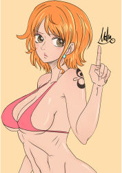 Rule 34 | 1girl, bikini, bikini top only, blush, breasts, highres, large breasts, looking at viewer, mifenami, nami (one piece), one piece, orange hair, pointing, signature, simple background, swimsuit, tagme, tattoo, upper body, yellow eyes
