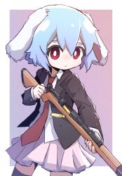 Rule 34 | 1girl, animal ears, black jacket, black thighhighs, blue hair, bolt action, border, bright pupils, closed mouth, collared shirt, grey background, gun, highres, holding, holding gun, holding weapon, jacket, light blue hair, looking at viewer, mauser 98, mr.turtle head, necktie, one-hour drawing challenge, pink skirt, rabbit ears, rabbit girl, rabbit tail, red eyes, red necktie, reisen (touhou bougetsushou), rifle, shirt, shotgun, skirt, solo, tail, thighhighs, touhou, weapon, white border, white pupils, white shirt