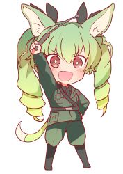 Rule 34 | 10s, 1girl, absurdres, anchovy (girls und panzer), animal ears, anzio military uniform, arm up, belt, black belt, black footwear, black necktie, black ribbon, black shirt, blouse, boots, chibi, commentary, dog ears, dog tail, dress shirt, drill hair, full body, girls und panzer, green hair, grey jacket, grey pants, hair ribbon, hand on own hip, highres, holding, holding riding crop, jacket, kemonomimi mode, knee boots, long hair, long sleeves, looking at viewer, military, military uniform, miluke, necktie, open mouth, pants, pants tucked in, red eyes, ribbon, riding crop, sam browne belt, shirt, smile, solo, standing, tail, transparent background, twin drills, twintails, uniform, v-shaped eyebrows
