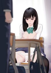 Rule 34 | 1boy, 1girl, aqua bow, aqua bowtie, bag, between legs, black hair, black thighhighs, blue skirt, blurry, blush, bow, bowtie, bra, breasts, chair, classroom, cleavage, clenched hand, commentary, depth of field, desk, dress shirt, female masturbation, highres, hitomi o, long hair, long sleeves, masturbation, open clothes, open shirt, original, panties, panty pull, parted lips, pleated skirt, public indecency, purple eyes, school bag, school chair, school desk, school uniform, shirt, sitting, skindentation, skirt, small breasts, solo focus, spread legs, thighhighs, underwear, white bra, white panties, white shirt