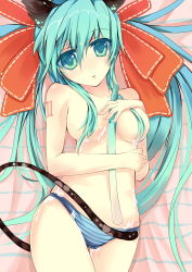 Rule 34 | 1girl, animal ears, between breasts, blue eyes, blue hair, breasts, cameltoe, cat ears, cat girl, cat tail, female focus, hair ornament, hair ribbon, hatsune miku, highres, long hair, lotion, lying, matching hair/eyes, on back, panties, rain lan, ribbon, sexually suggestive, solo, spring onion, striped clothes, striped panties, summer, sunscreen, tail, thigh gap, topless, underwear, vocaloid