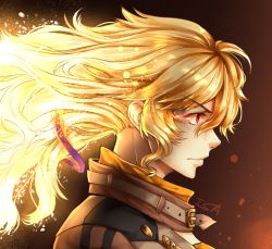 Rule 34 | 1girl, blonde hair, glowing, glowing hair, insertsomthinawesome, light trail, lips, long hair, profile, purple ribbon, red eyes, ribbon, rwby, solo, yang xiao long
