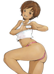 Rule 34 | 1girl, ass, blush, brown eyes, brown hair, heart, heart hands, kazaana, midriff, original, simple background, smile, solo, tan