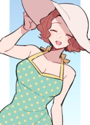 Rule 34 | 1girl, blush, breasts, cleavage, closed eyes, collarbone, do m kaeru, dress swimsuit, hand on headwear, hat, medium breasts, official alternate costume, okumura haru, open mouth, persona, persona 5, polka dot, polka dot swimsuit, short hair, smile, solo, sun hat, swimsuit, white hat