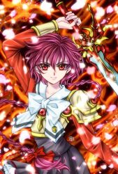 Rule 34 | 1girl, armor, armored dress, black skirt, bow, braid, clamp (style), closed mouth, fiery background, fire, holding, holding sword, holding weapon, long hair, looking at viewer, magic knight rayearth, official style, petals, red eyes, red hair, red shirt, red theme, school uniform, shidou hikaru, shirt, signature, single braid, skirt, smile, solo, sword, tuka ryo, upper body, weapon, white bow