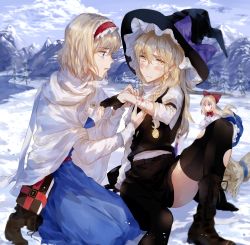 Rule 34 | 2girls, alice margatroid, bad id, bad pixiv id, bandages, bandaid, blonde hair, blue eyes, blue sky, blush, book, boots, bow, braid, breath, broom, cape, cloud, commentary request, day, dress, embarrassed, fingerless gloves, gloves, grimoire of alice, hair bow, hat, highres, injury, kirisame marisa, kneeling, long hair, looking at another, looking away, meng ziya, mountain, multiple girls, outdoors, scarf, scenery, shanghai doll, short hair, sitting, skirt, sky, snow, thighhighs, touhou, tree, water, winter, winter clothes, witch hat, yellow eyes, zettai ryouiki
