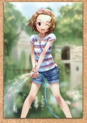 Rule 34 | 00s, 1girl, ;d, absurdres, english text, flower, goto p, hair flower, hair ornament, hairband, highres, hose, huge filesize, jewelry, k-on!, necklace, one eye closed, open mouth, round teeth, short hair, shorts, smile, solo, striped, tainaka ritsu, teeth, wink