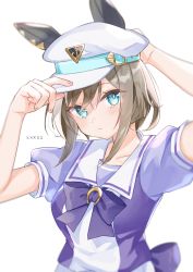 Rule 34 | 1girl, adjusting clothes, adjusting headwear, arm up, blurry, breasts, brown hair, character request, cheval grand (umamusume), closed mouth, depth of field, green eyes, hand up, hat, highres, looking at viewer, medium breasts, moko (mokochisa), puffy short sleeves, puffy sleeves, purple shirt, school uniform, shirt, short sleeves, simple background, solo, tracen school uniform, umamusume, upper body, white background, white hat