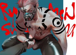 Rule 34 | 2boys, abs, ankle grab, arm tattoo, black nails, black pants, bulge, character name, chest tattoo, drooling, erection, erection under clothes, extra eyes, facial tattoo, feet, fushiguro megumi, genii, jujutsu kaisen, looking at viewer, male focus, multiple boys, muscular, muscular male, muzzle, nail polish, navel, pants, pectorals, pink hair, red eyes, ryoumen sukuna (jujutsu kaisen), shoulder tattoo, stirrup legwear, stomach tattoo, tattoo, toeless legwear, toes, tongue, tongue out, topless male, undercut, yaoi