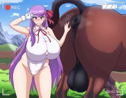 Rule 34 | 1girl, animal, animal penis, anus, bb (fate), bestiality, breasts, cloud, curvy, fate/grand order, fate (series), field, gloves, grass field, highres, horse, horse penis, huge breasts, huge penis, imminent penetration, interspecies, large penis, large testicles, long hair, looking at viewer, matching hair/eyes, ntremi, one-piece swimsuit, outdoors, penis, purple hair, recording, sky, smegma, smile, swimsuit, testicles, thick thighs, thighs, uncensored