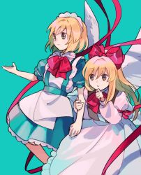 Rule 34 | 2girls, apron, aqua background, arm at side, arm ribbon, blonde hair, blue dress, bow, bowtie, brown eyes, closed mouth, commentary, dress, feathered wings, frilled apron, frills, gengetsu (touhou), hair bow, hand on own chin, hands up, highres, holding another&#039;s arm, juliet sleeves, kaigen 1025, long hair, long sleeves, maid headdress, mugetsu (touhou), multiple girls, open mouth, puffy short sleeves, puffy sleeves, red bow, red ribbon, ribbon, short hair, short sleeves, sidelocks, smile, touhou, touhou (pc-98), white dress, white wings, wings