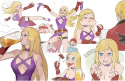 Rule 34 | 1girl, alcohol, anchor ornament, bangle, bare shoulders, beer, beer mug, belt, blonde hair, blue eyes, blush, bracelet, breasts, censored, choker, cleavage, cup, dog, dress, drinking, eating, fatal fury, fingerless gloves, flower tattoo, food, fork, garou: mark of the wolves, gloves, highres, humor, jenet behrn, jewelry, jolly roger, large breasts, long hair, looking at viewer, loose belt, meat, mug, oni gini, panties, pirate, purple choker, purple dress, red gloves, rock howard, saliva, skull and crossbones, skull print, smile, snk, tattoo, the king of fighters, the king of fighters xv, thigh strap, underwear