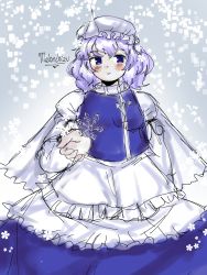 Rule 34 | artist name, bad id, bad pixiv id, blue dress, blush, dress, frilled dress, frills, hand up, hat, highres, letty whiterock, light purple hair, looking at viewer, medium hair, mob cap, perfect cherry blossom, purple eyes, purple hair, smile, snow, snowflakes, snowing, soldierburger, touhou, wavy hair, white dress
