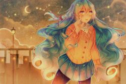 Rule 34 | + +, 1girl, black bow, black pantyhose, blue hair, blue skirt, blush, bow, braid, buttons, cityscape, cloud, cloudy sky, collared shirt, commentary, commission, constellation, constellation print, crescent moon, crescent print, english commentary, eyelashes, finger to cheek, hair bow, hoshi-pan, jacket, lamppost, long hair, long sleeves, looking at viewer, miniskirt, moon, night, night sky, open mouth, original, outdoors, pantyhose, pink jacket, pleated skirt, purple eyes, railing, shirt, single braid, skirt, sky, smile, sweater jacket, very long hair, wavy hair, white shirt, window