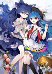 Rule 34 | 2girls, :d, bed sheet, black headwear, black socks, blue bow, blue eyes, blue hair, blue skirt, bow, center frills, closed mouth, collarbone, collared shirt, commentary request, drawstring, dress shirt, fish, flower, food, frilled shirt collar, frills, fruit, grey hoodie, hair between eyes, hair bow, hat, hinanawi tenshi, hood, hood down, hoodie, kneehighs, long hair, looking at viewer, lying, multiple girls, neck ribbon, on back, open clothes, open mouth, open shirt, peach, red eyes, red neckwear, risui (suzu rks), shirt, skirt, smile, socks, talisman, touhou, undone neck ribbon, very long hair, white flower, white shirt, yorigami shion