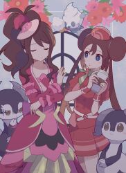 Rule 34 | 2girls, 343rone, absurdres, antenna hair, blue eyes, blush, blush stickers, brown hair, buttons, closed eyes, closed mouth, coffee cup, collarbone, commentary request, creatures (company), cup, disposable cup, dress, flower, game freak, gen 5 pokemon, gen 8 pokemon, green scarf, hands up, hat, high ponytail, highres, hilda (pokemon), hilda (special costume) (pokemon), holding, holding cup, indeedee, indeedee (female), indeedee (male), jacket, long hair, long sleeves, looking at another, multiple girls, nintendo, official alternate costume, pleated skirt, pokemon, pokemon (creature), pokemon masters ex, red flower, red headwear, red jacket, red skirt, rosa (pokemon), rosa (special costume) (pokemon), scarf, sidelocks, skirt, twintails, vanillite, wrist cuffs