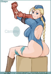 Rule 34 | 1990s (style), 1girl, ahoge, antenna hair, ass, back cutout, backless outfit, blonde hair, blue eyes, blue leotard, boots, braid, breasts, cammy white, camouflage, capcom, champ+, character name, clothing cutout, elbow gloves, fingerless gloves, from behind, garrison cap, gloves, hat, huge ass, knee boots, large breasts, leotard, long hair, ribbed leotard, scar, sitting, solo, street fighter, street fighter zero (series), thong leotard, twin braids, watermark, web address