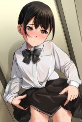 Rule 34 | 1girl, absurdres, black bow, black hair, black skirt, blush, bow, brown eyes, clothes lift, collared shirt, commentary request, embarrassed, highres, lifting own clothes, looking to the side, matsunaga kouyou, nervous, original, panties, pleated skirt, school uniform, see-through, shirt, short hair, skirt, skirt lift, solo, underwear, wet, wet clothes, white panties, white shirt, worried
